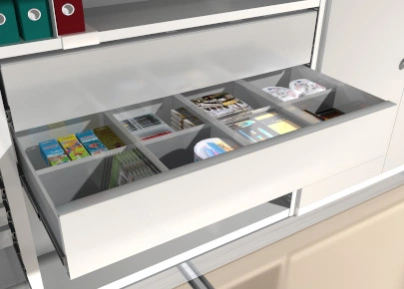 Металлические стеллажи с выдвижными ящиками с разделителями